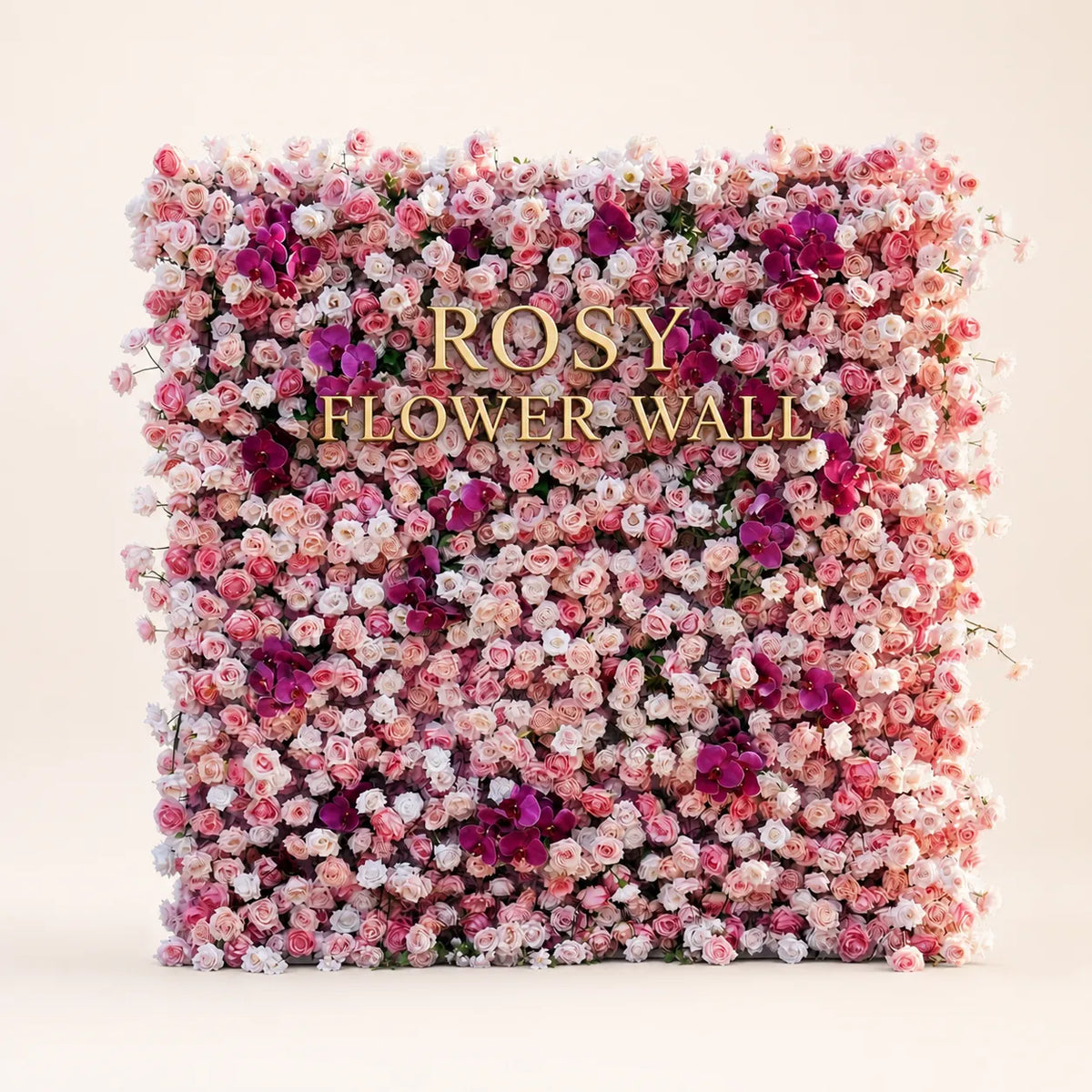 Luxury 4D pink and purple orchid silk flower wall in warm white studio with gold ROSY FLOWER WALL logo