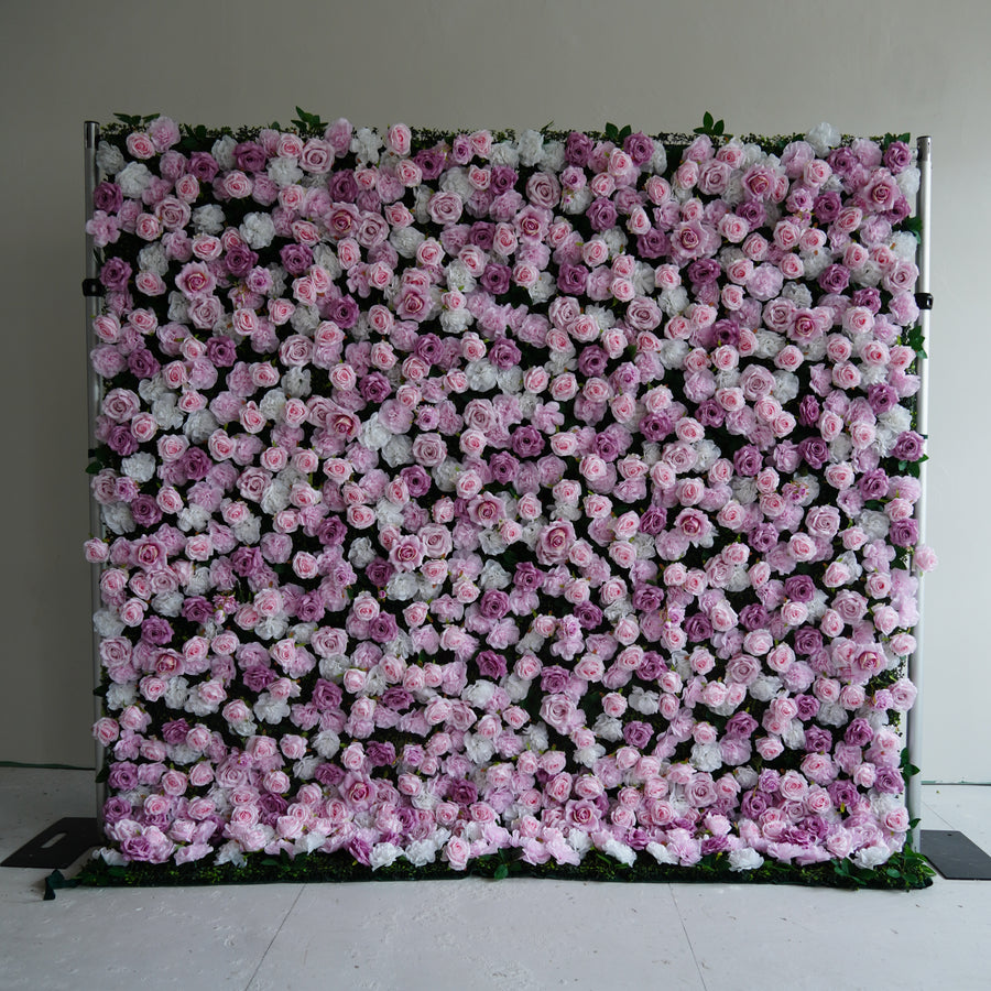 Purple Pink Rose Flower Wall Backdrop – 3D Artificial Floral Wall for Weddings & Events