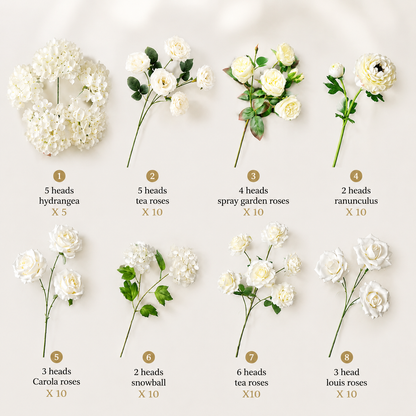Ivory White DIY Loose Artificial Flower Decor Kit – 75 Stems / Approx. 235 Flower Heads