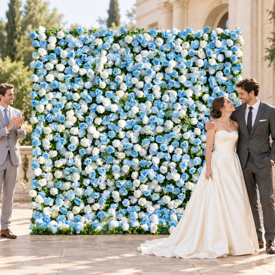 3D Blue Silk Flower Wall Backdrop in an AI-styled wedding scene