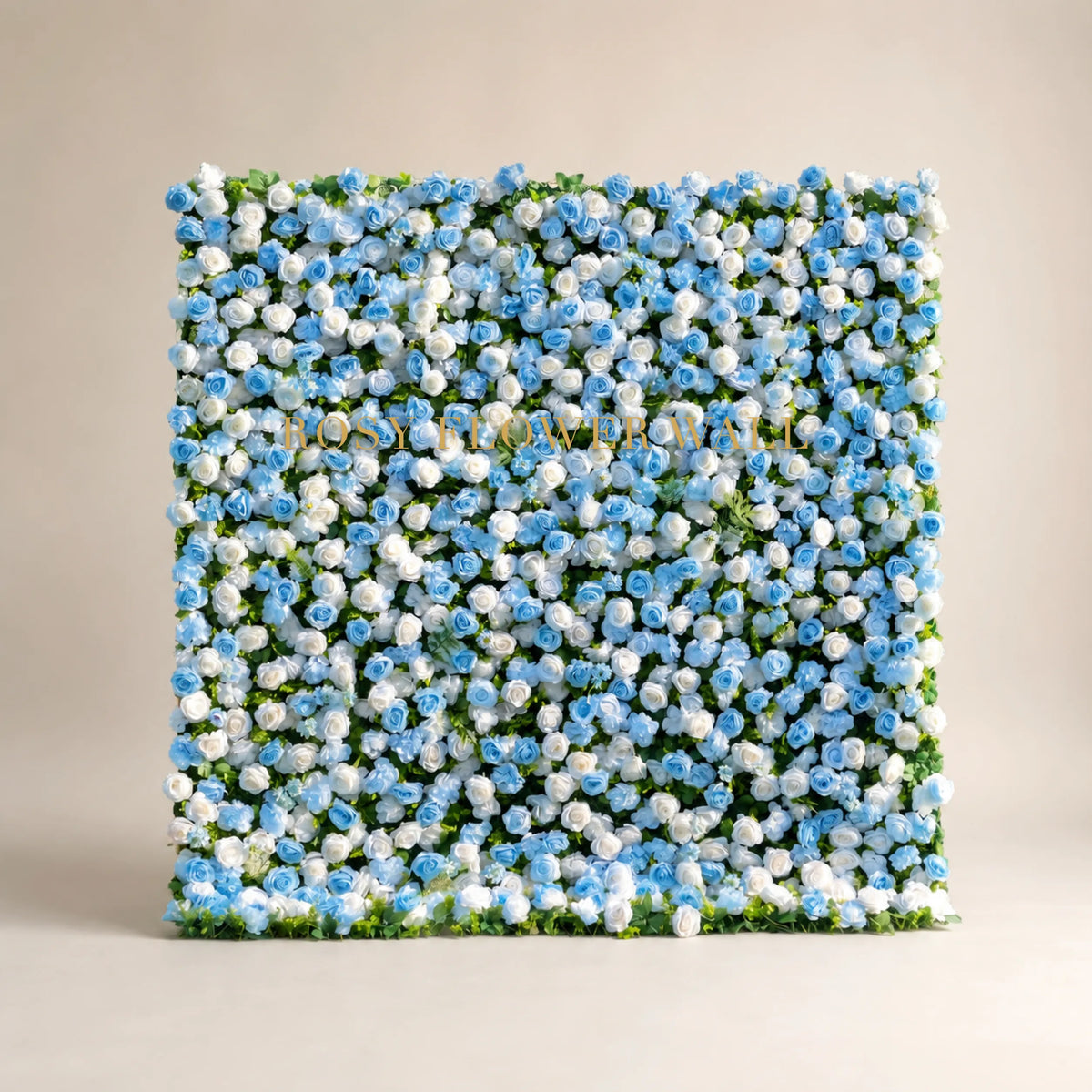 3D blue and white silk flower wall backdrop in warm ivory studio with gold Rosy Flower Wall logo