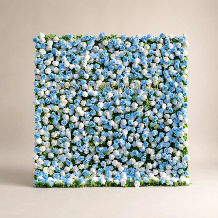 3D blue and white silk flower wall backdrop in warm ivory studio with gold Rosy Flower Wall logo