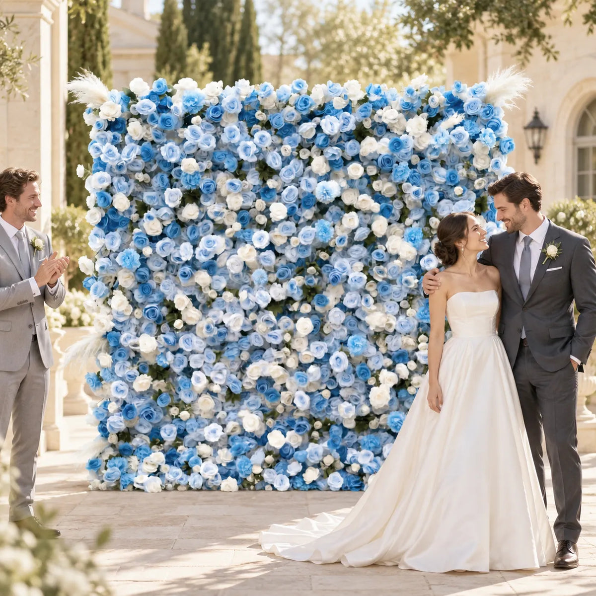 3D Blue & White Rose Flower Wall Backdrop in an AI-styled wedding scene