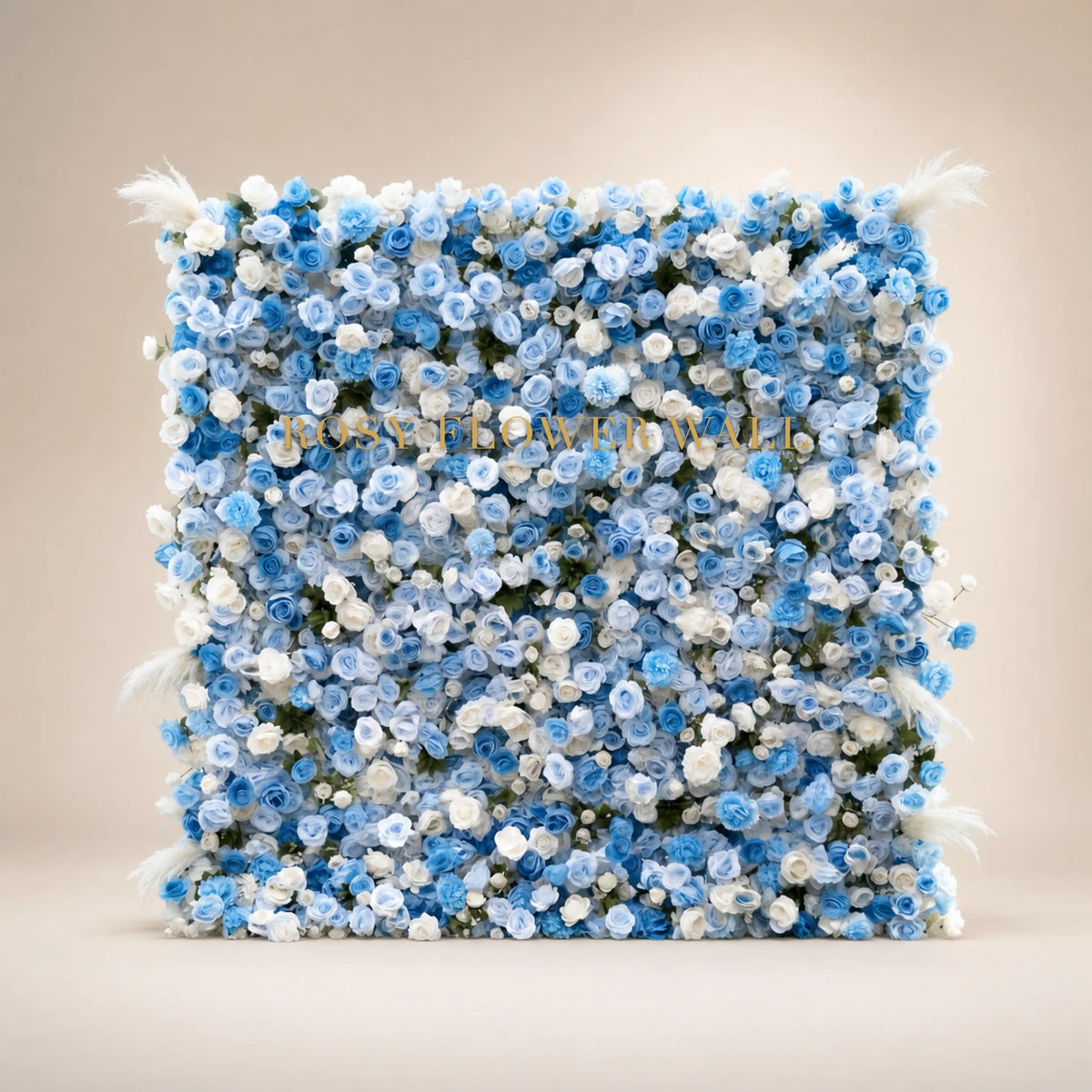 3D blue and white rose flower wall backdrop in warm ivory studio with gold Rosy Flower Wall logo
