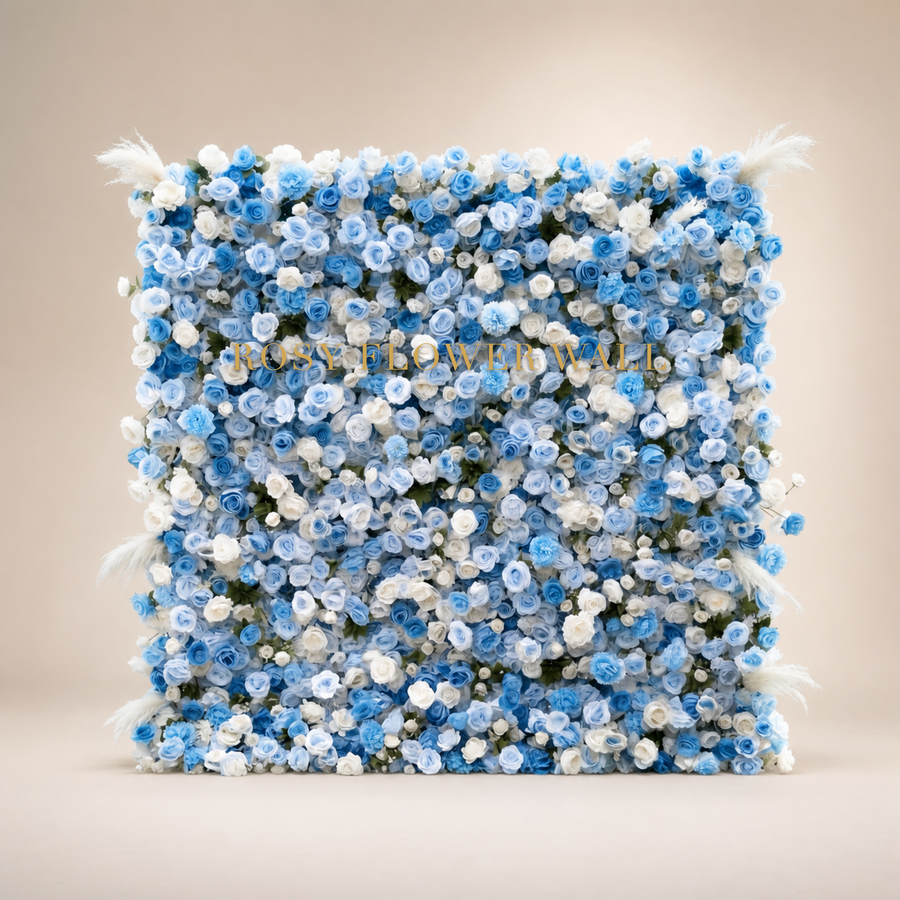 3D blue and white rose flower wall backdrop in warm ivory studio with gold Rosy Flower Wall logo