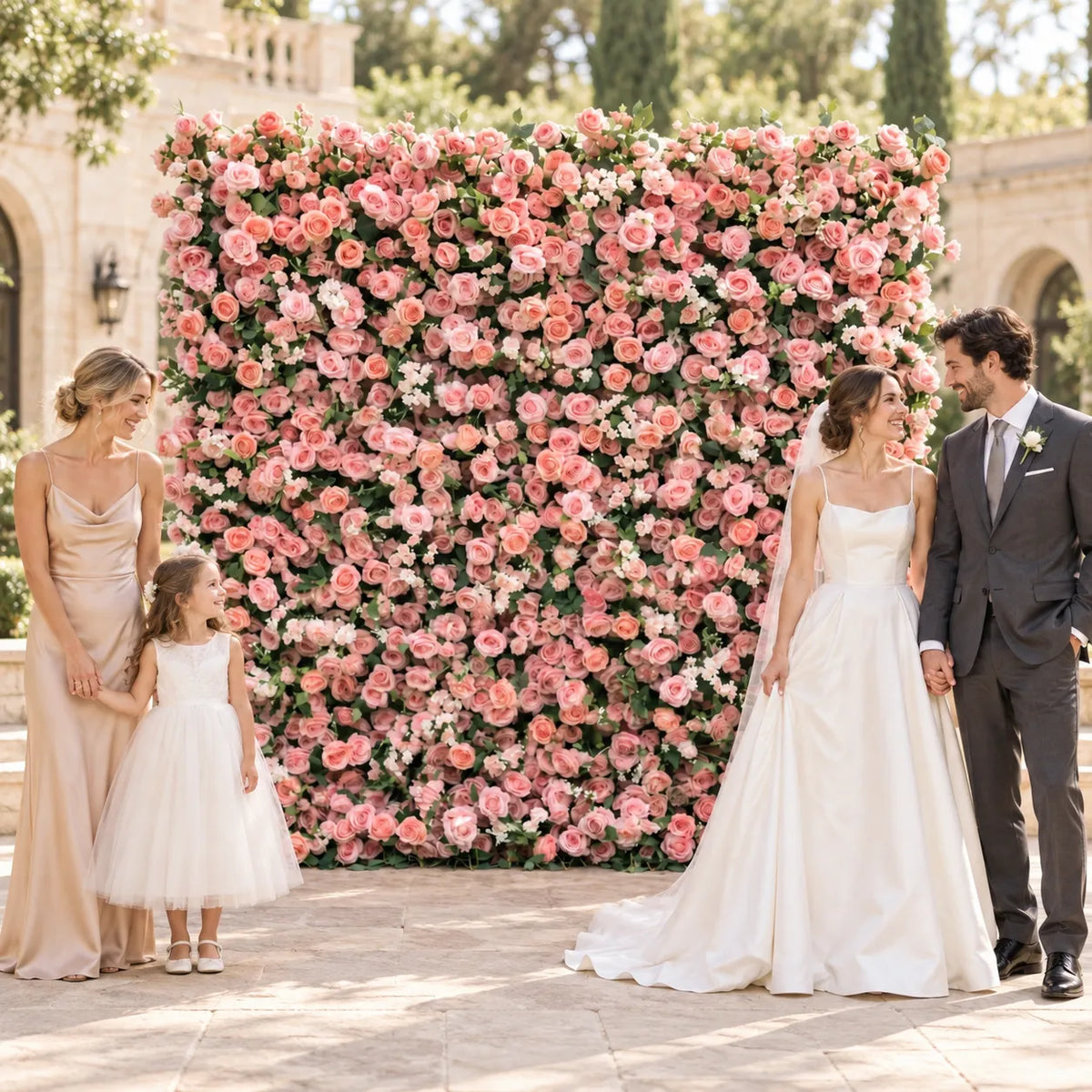 3D Light Red Rose Flower Wall Backdrop in an AI-styled wedding scene