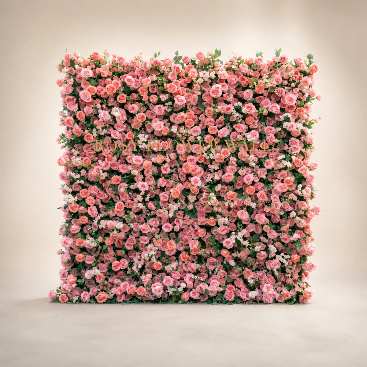3D light red and coral pink rose flower wall backdrop in warm ivory studio with gold Rosy Flower Wall logo