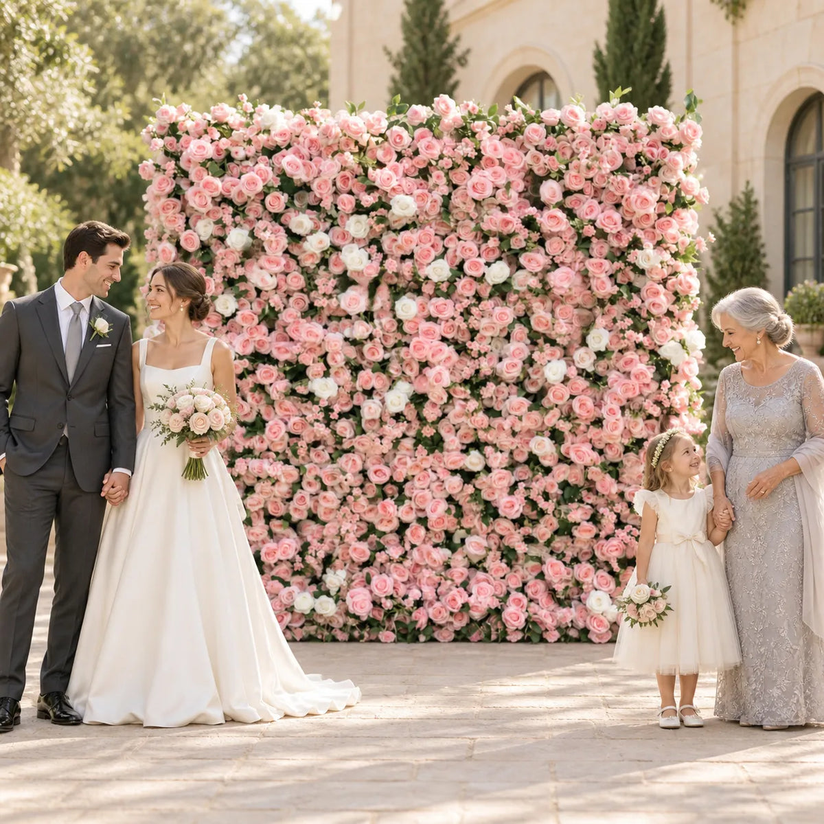 3D Pink Rose Flower Wall Backdrop in an AI-styled wedding scene