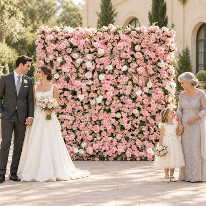 3D Pink Rose Flower Wall Backdrop in an AI-styled wedding scene