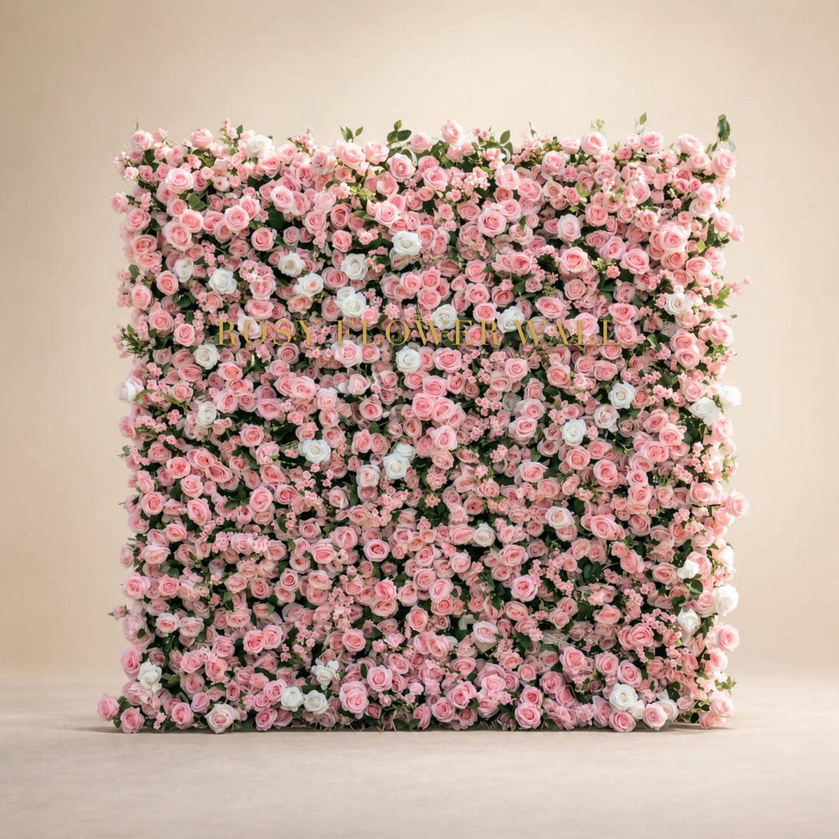 3D pink and white rose flower wall backdrop in warm ivory studio with gold Rosy Flower Wall logo