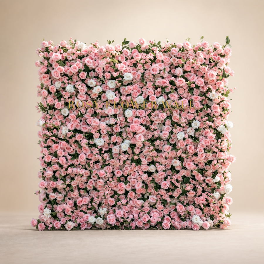 3D pink and white rose flower wall backdrop in warm ivory studio with gold Rosy Flower Wall logo