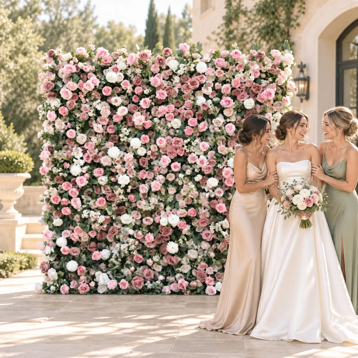 3D Pink & White Rose Flower Wall Backdrop in an AI-styled wedding scene