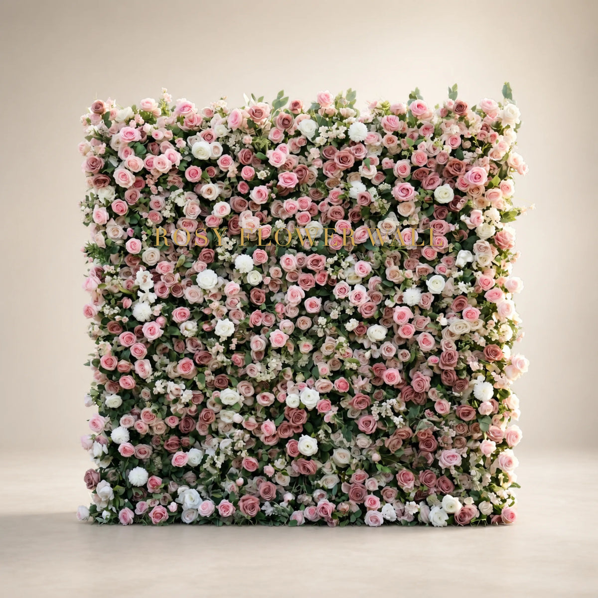 3D pink white and mauve rose flower wall backdrop in warm ivory studio with gold Rosy Flower Wall logo