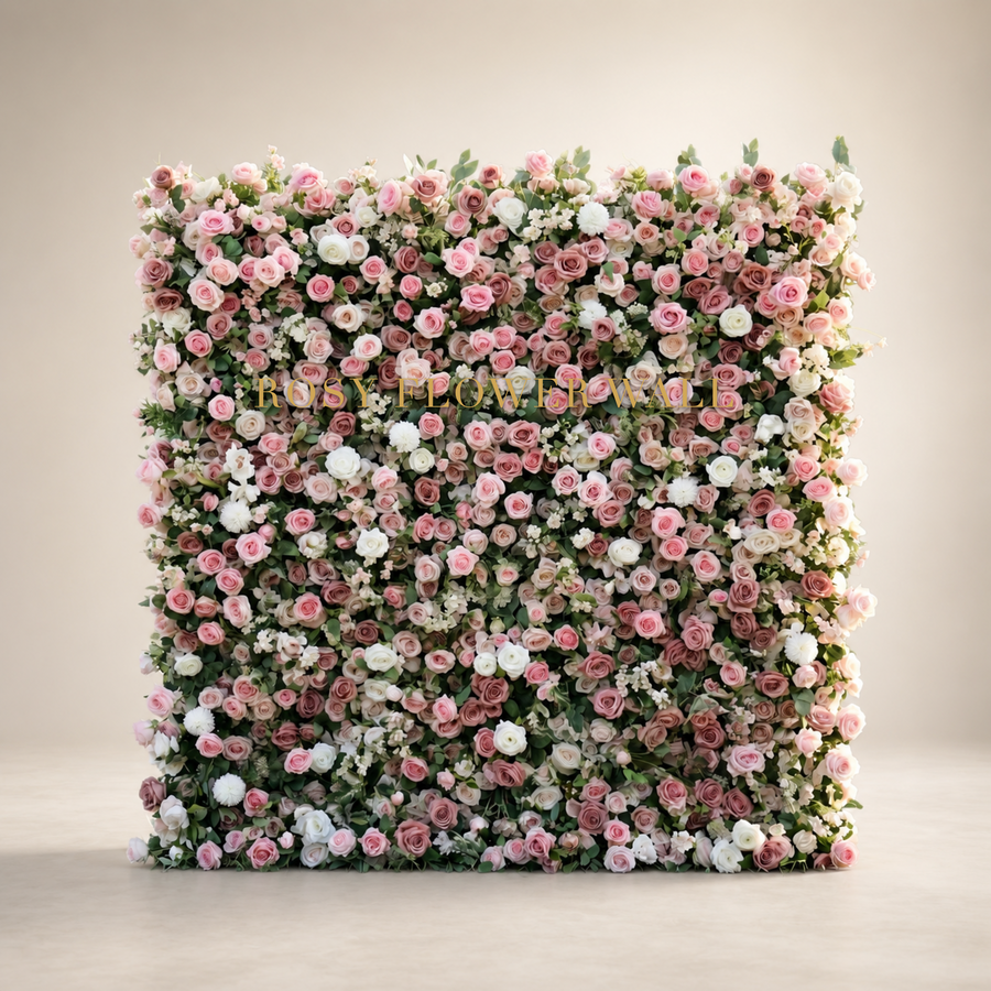 3D pink white and mauve rose flower wall backdrop in warm ivory studio with gold Rosy Flower Wall logo