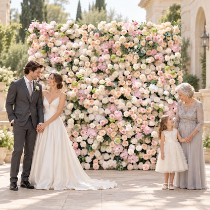 3D Pink & White Silk Flower Wall Backdrop in an AI-styled wedding scene