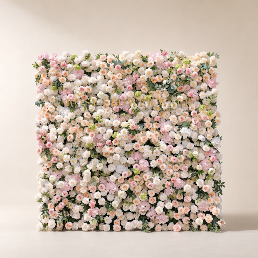 3D ivory white blush pink and champagne silk flower wall in warm studio with gold Rosy Flower Wall logo