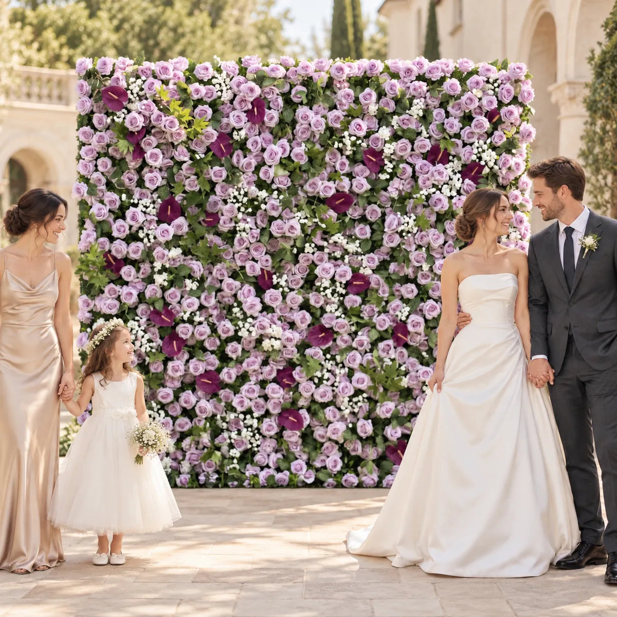 3D Purple Rose Flower Wall Backdrop in an AI-styled wedding scene