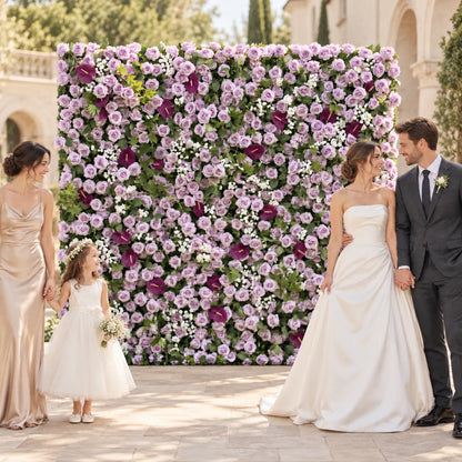 3D Purple Rose Flower Wall Backdrop in an AI-styled wedding scene