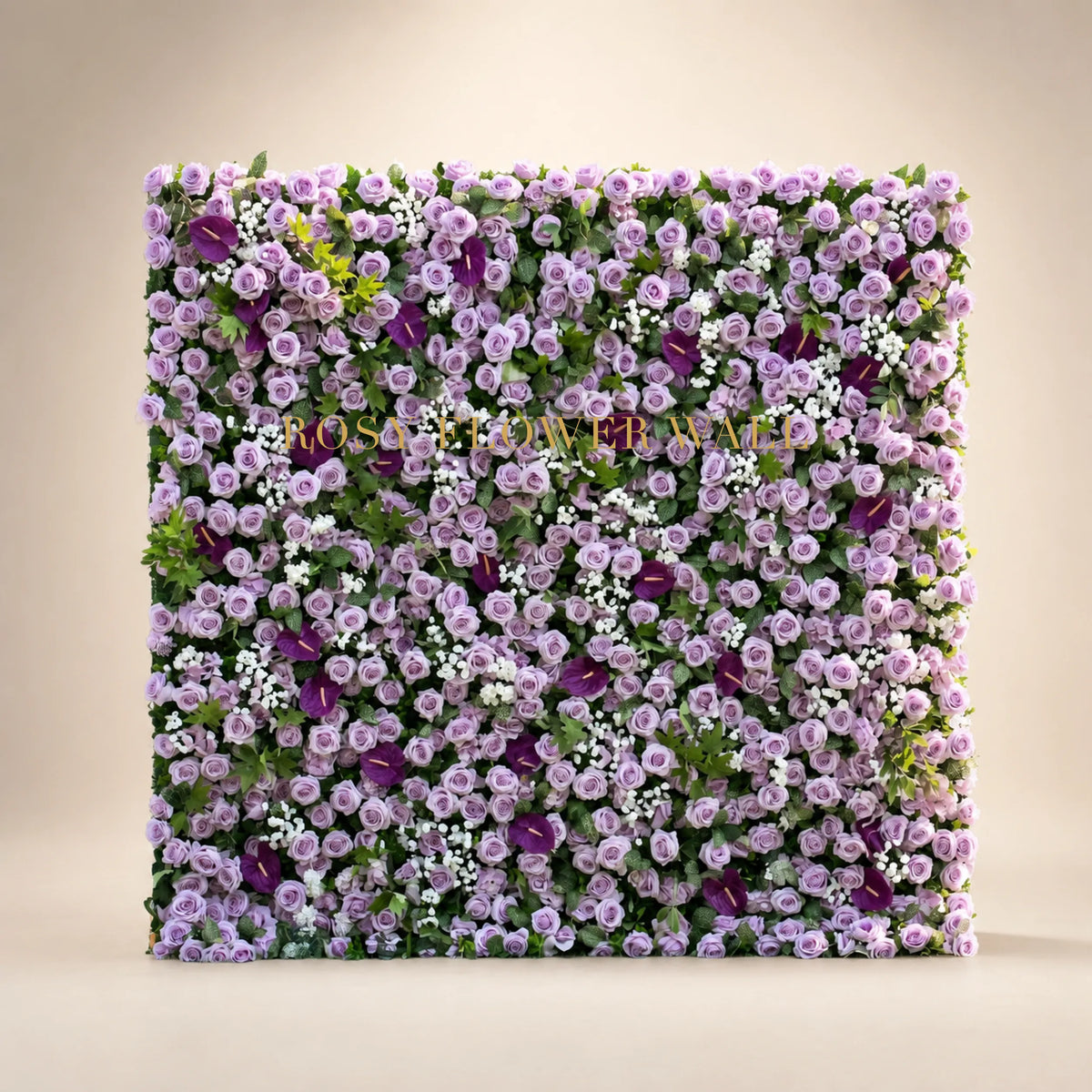 3D lavender rose and deep purple calla lily flower wall in warm ivory studio with gold Rosy Flower Wall logo