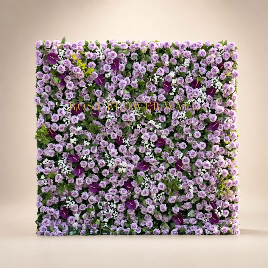3D lavender rose and deep purple calla lily flower wall in warm ivory studio with gold Rosy Flower Wall logo