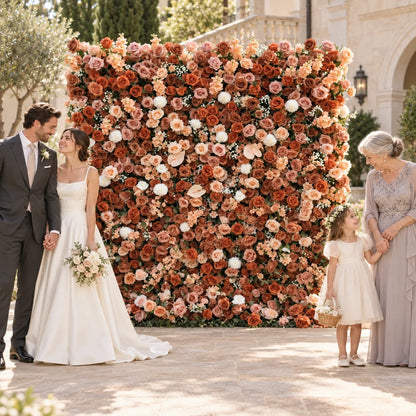 3D Terracotta, Blush & Ivory Rose Flower Wall Backdrop in an AI-styled wedding scene