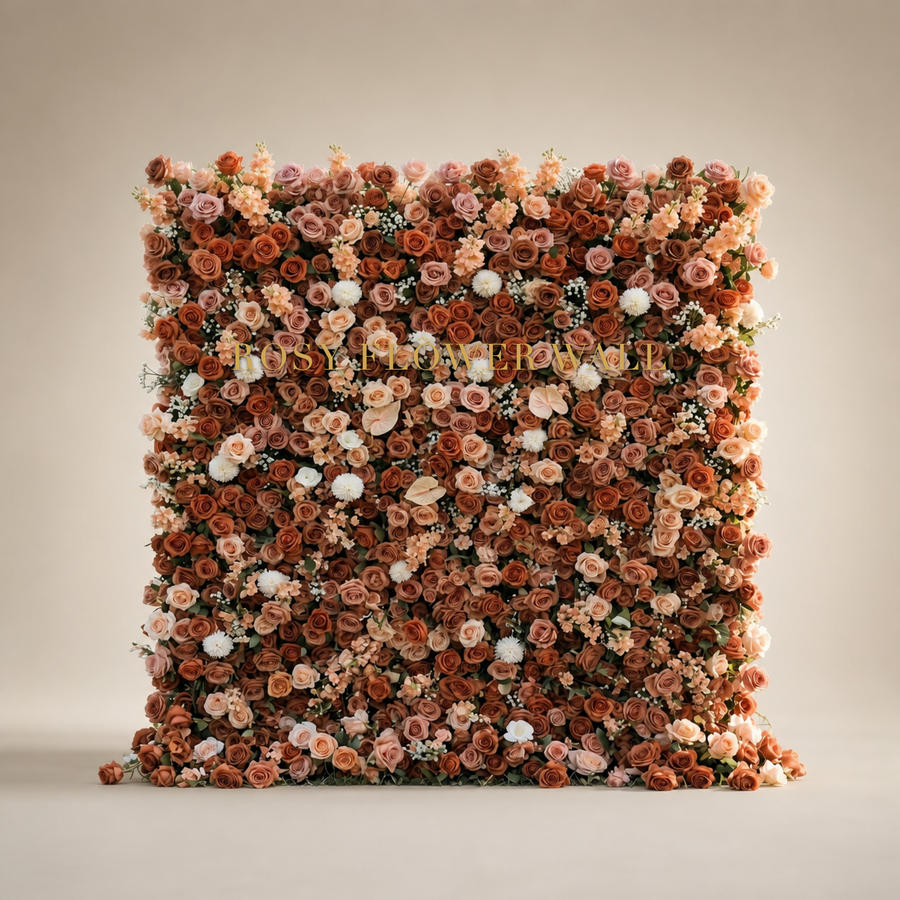 3D terracotta blush and ivory rose flower wall in warm studio with gold Rosy Flower Wall logo