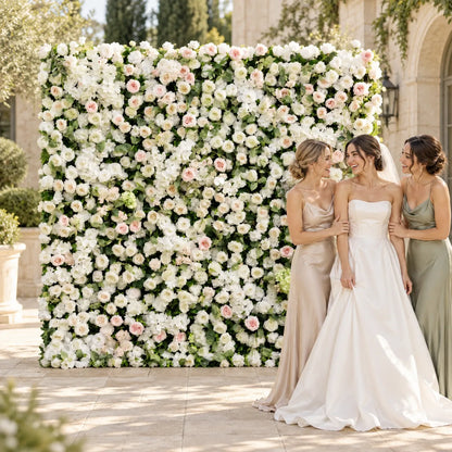 3D White Rose Flower Wall Backdrop in an AI-styled wedding scene
