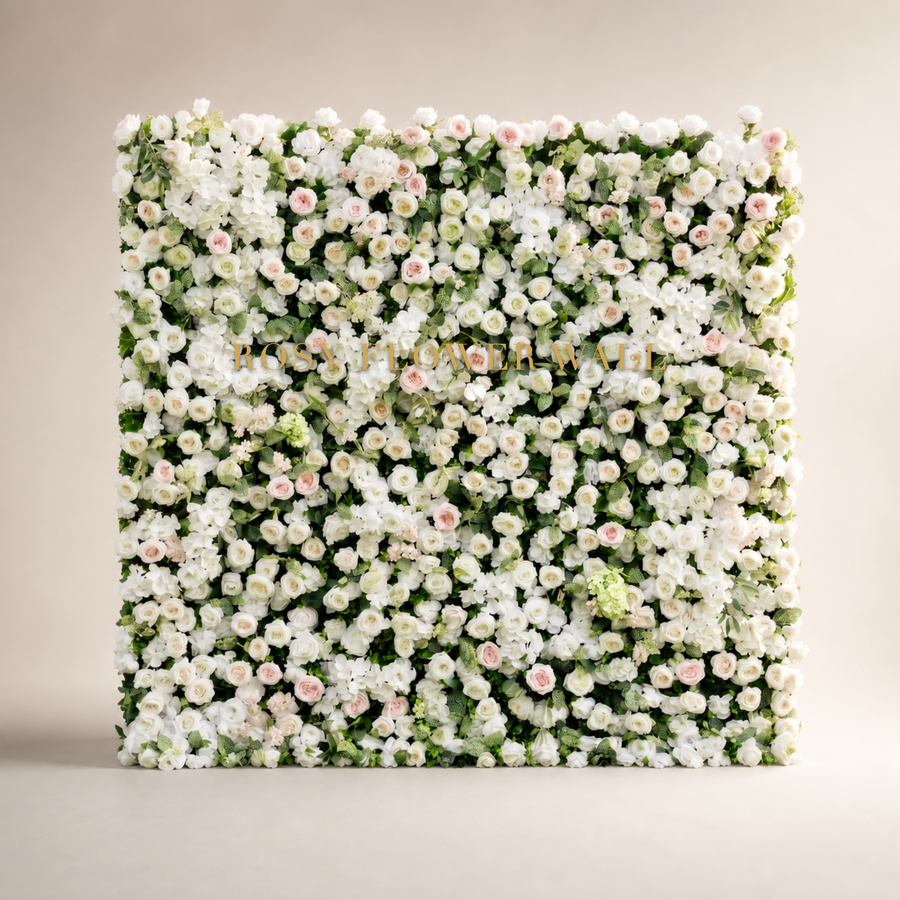 3D white rose hydrangea and soft blush flower wall in warm ivory studio with gold Rosy Flower Wall logo