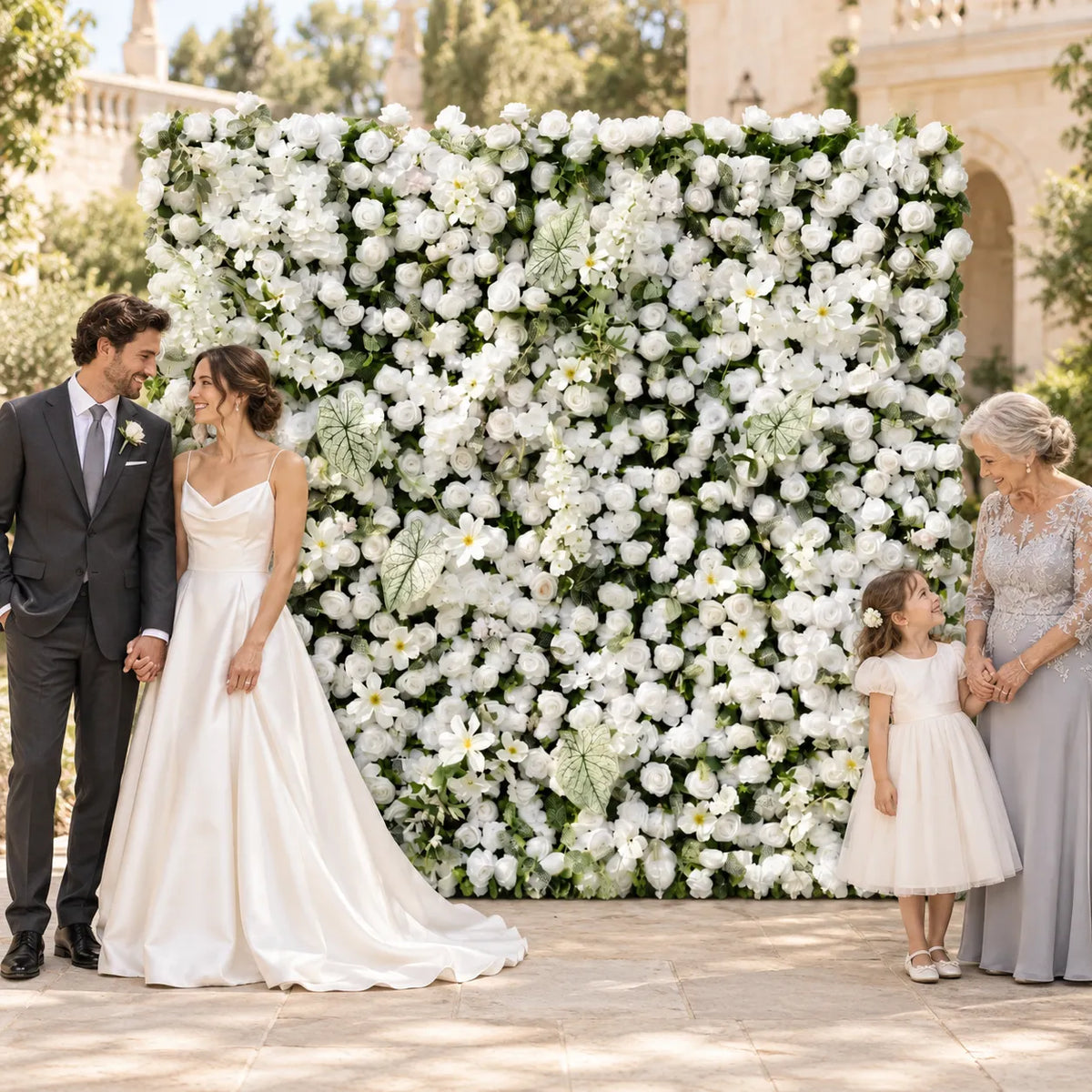 3D White Rose & Greenery Flower Wall Backdrop in an AI-styled wedding scene