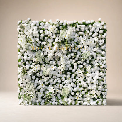 3D white rose hydrangea and greenery flower wall in warm ivory studio with gold Rosy Flower Wall logo