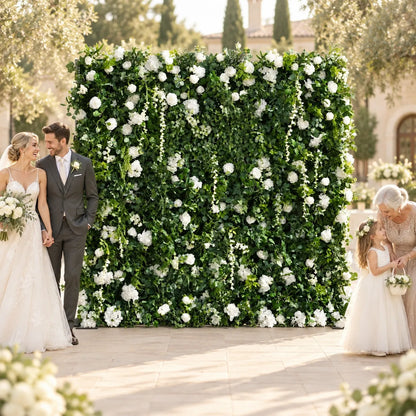 3D Fabric Artificial White & Green Roll-Up Flower Wall in an AI-styled wedding scene
