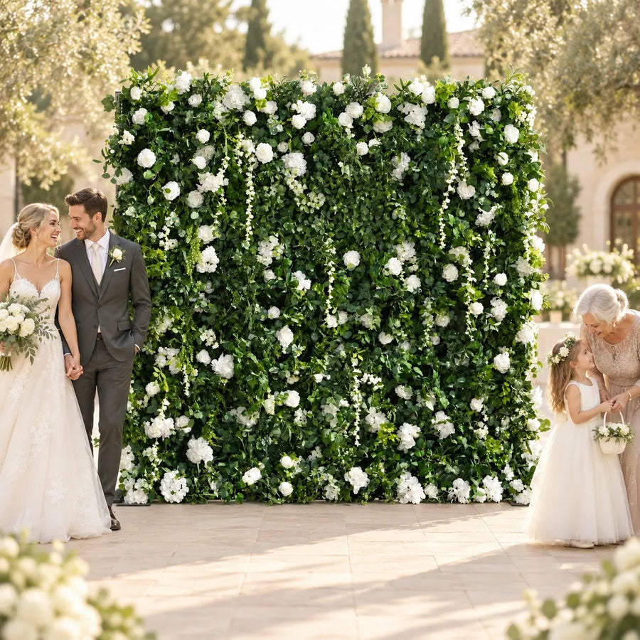 3D Fabric Artificial White & Green Roll-Up Flower Wall in an AI-styled wedding scene