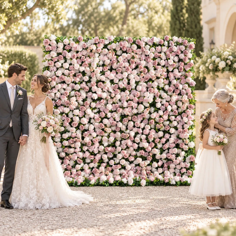3D Roll-Up Pink & White Artificial Flower Wall Backdrop – 8 ft × 8 ft in an AI-styled wedding scene