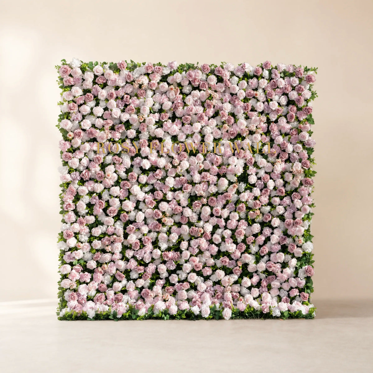 Pink and white 3D zip-up artificial flower wall backdrop in warm ivory studio with Rosy Flower Wall logo