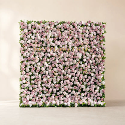 Pink and white 3D zip-up artificial flower wall backdrop in warm ivory studio with Rosy Flower Wall logo