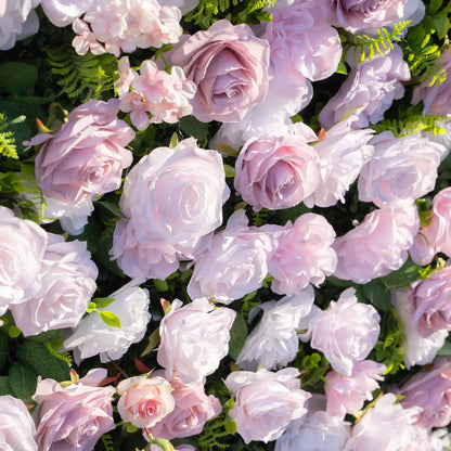 Silk rose and hydrangea texture detail on pink white flower wall