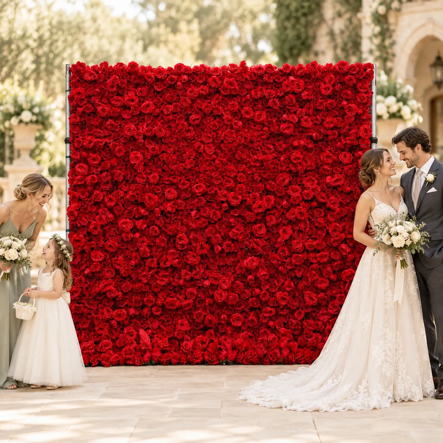 4D Fabric Artificial Red Rose Roll-Up Flower Wall in an AI-styled wedding scene