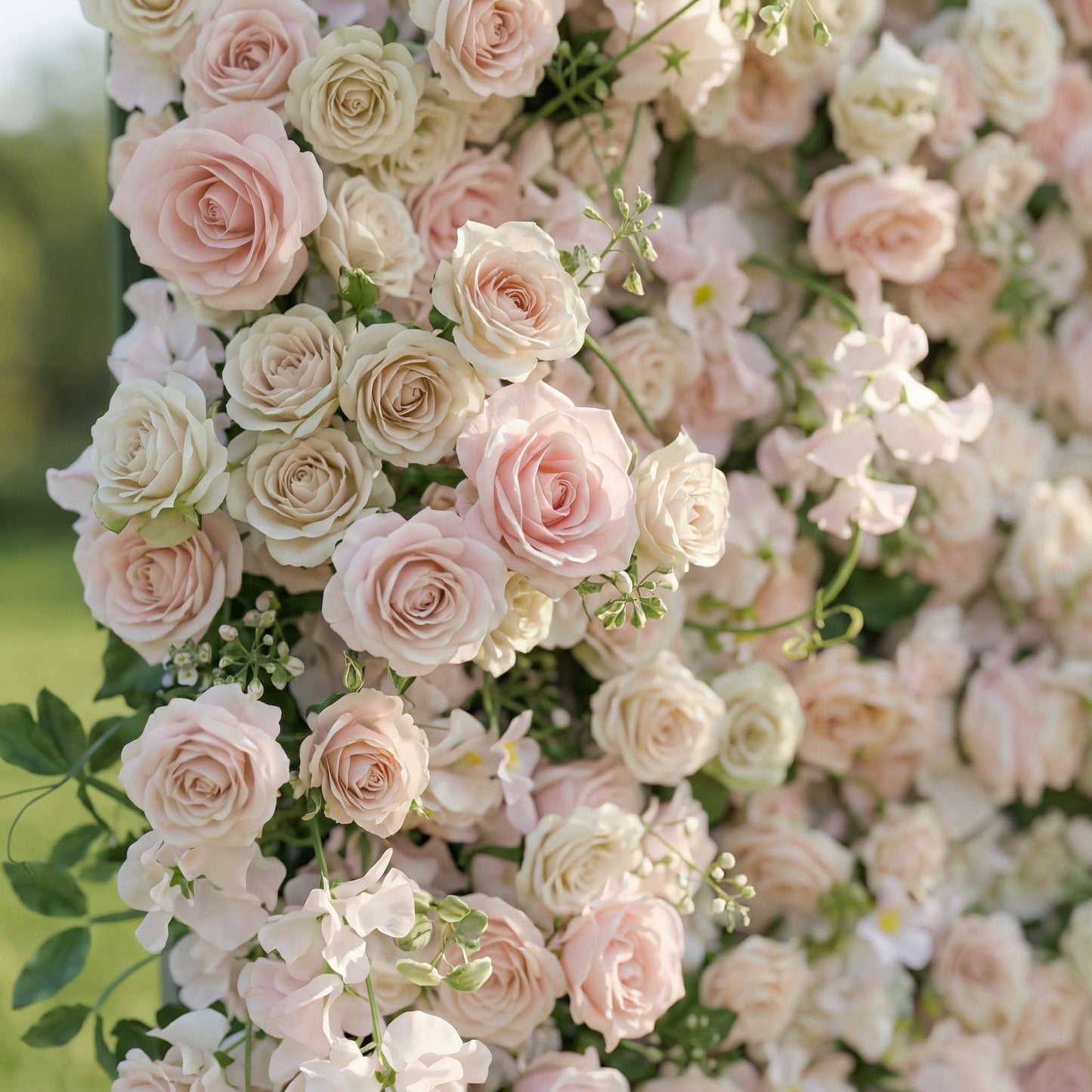 Dimensional light pink silk flower wall detail