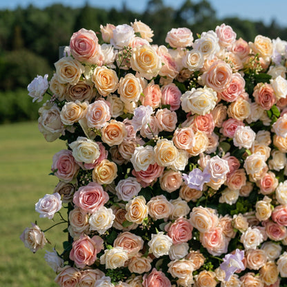 Luxury blush peach floral backdrop close-up