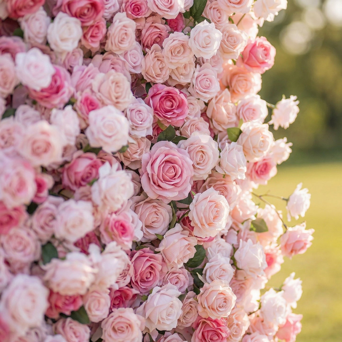Dimensional pink silk rose wall detail