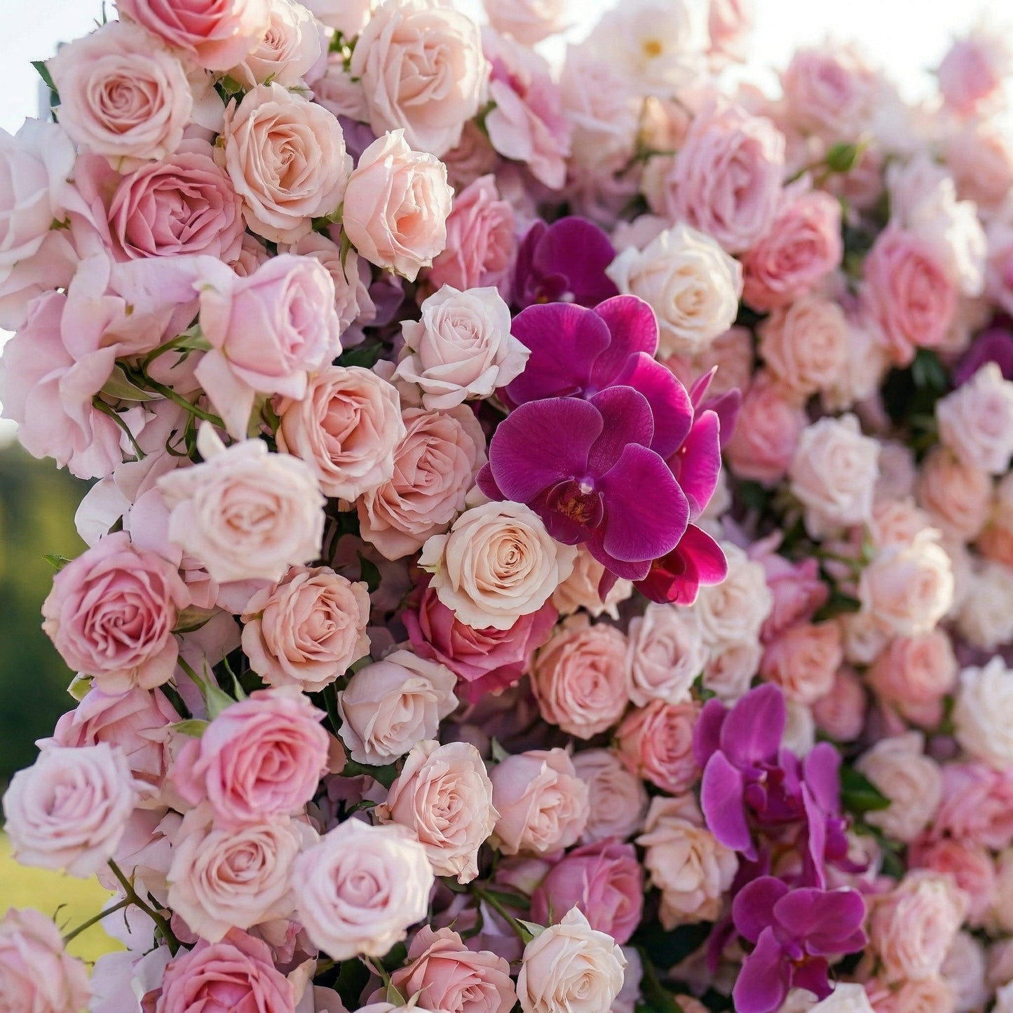 4D pink rose and purple orchid flower wall detail