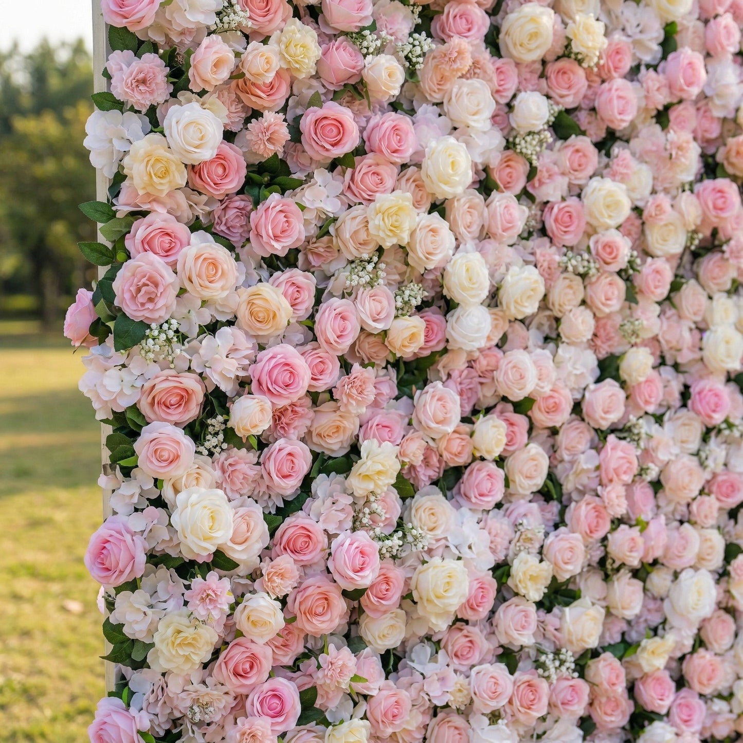 Dimensional pink and ivory floral backdrop detail