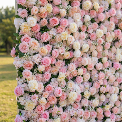 Dimensional pink and ivory floral backdrop detail