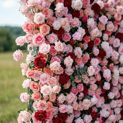 Red and blush silk rose flower wall detail
