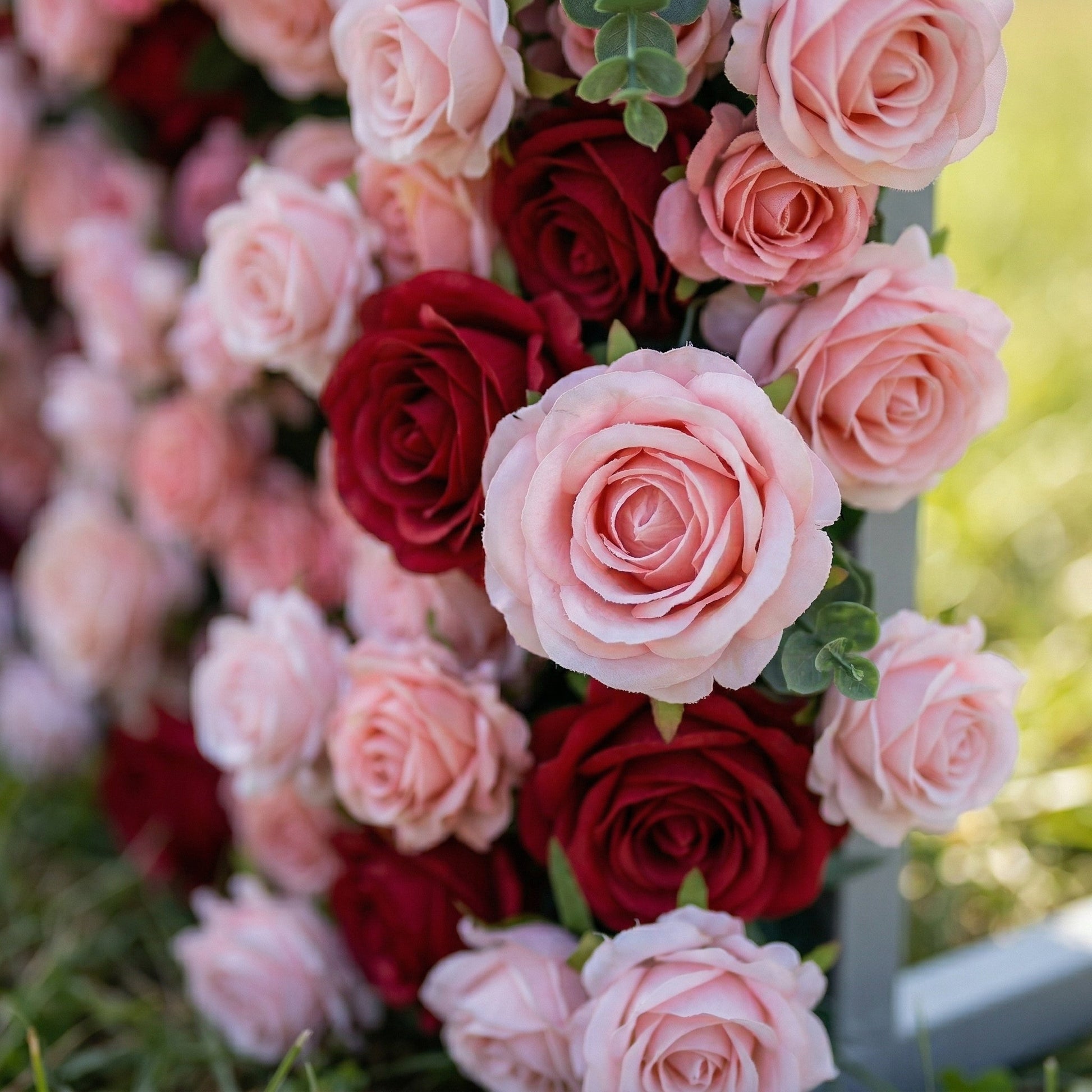 Romantic red pink floral backdrop close-up
