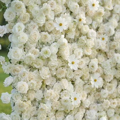 White silk rose and cosmos flower wall detail