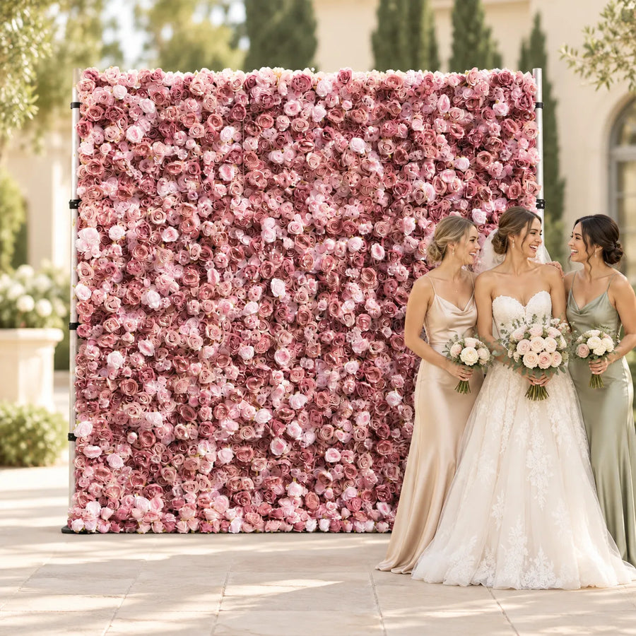 5D Fabric Artificial Dusty Pink Roll-Up Flower Wall in an AI-styled wedding scene