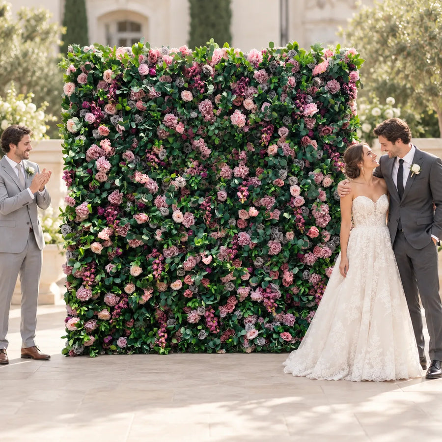 5D Fabric Artificial Green & Purple Roll-Up Flower Wall in an AI-styled wedding scene
