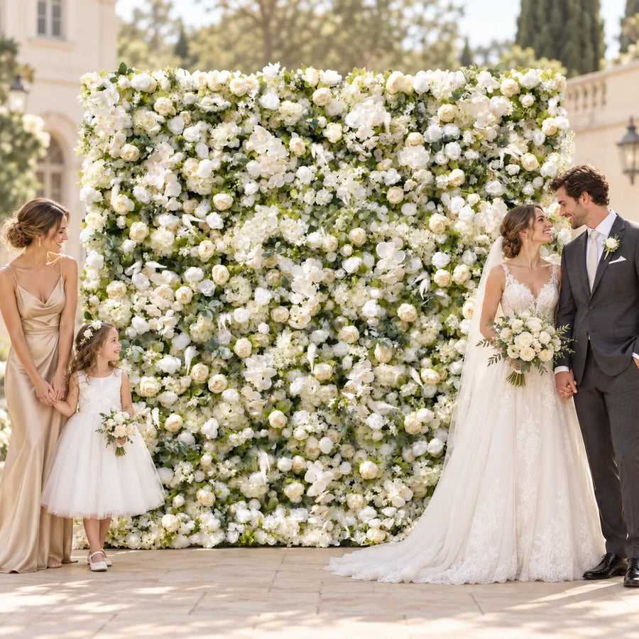 5D Fabric Artificial Ivory White Roll-Up Flower Wall in an AI-styled wedding scene