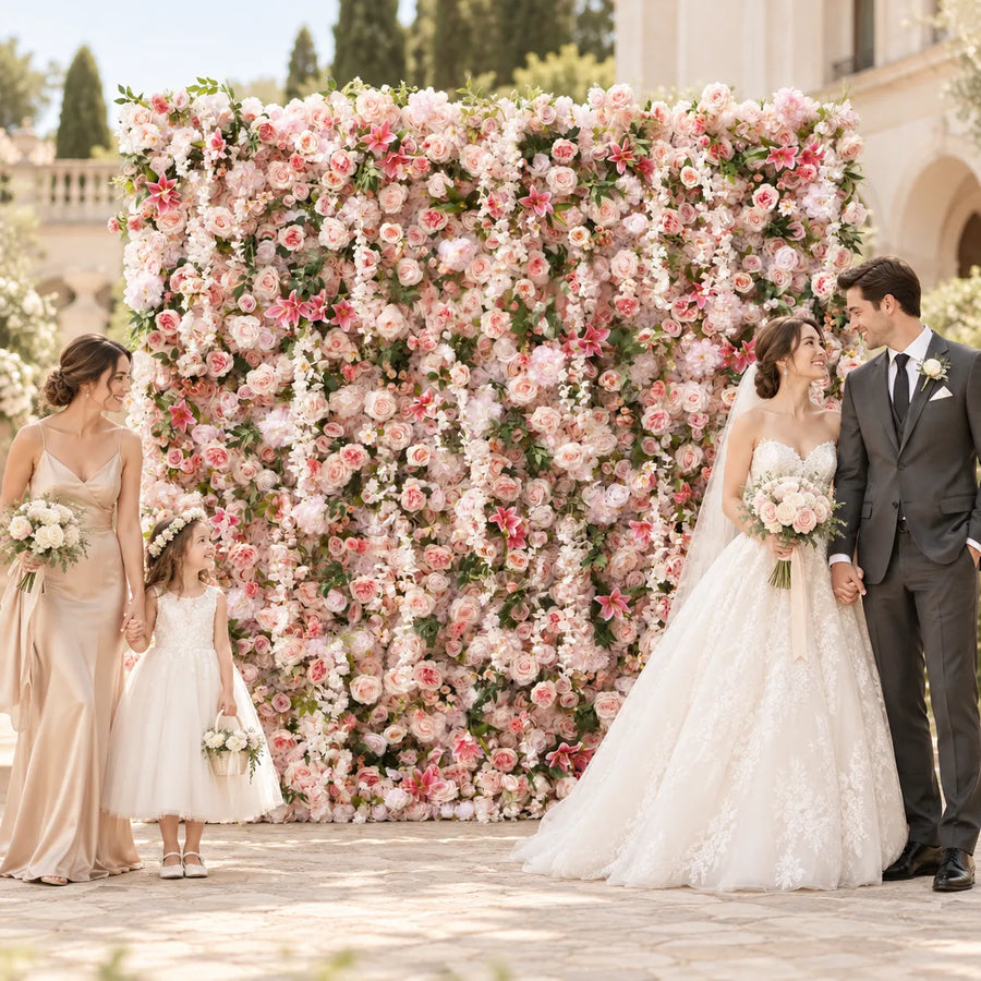 5D Fabric Artificial Pink Rose & Lily Roll-Up Flower Wall in an AI-styled wedding scene
